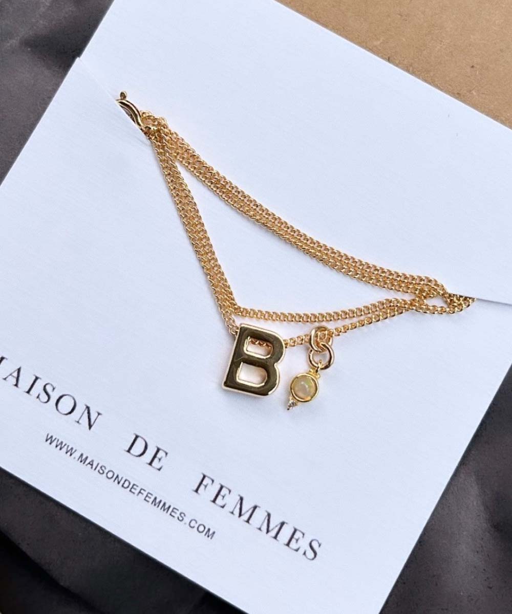 B Initial with Opal Birthstone Charm Necklace.
