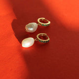 Green CZ Pearl Hoop Earrings