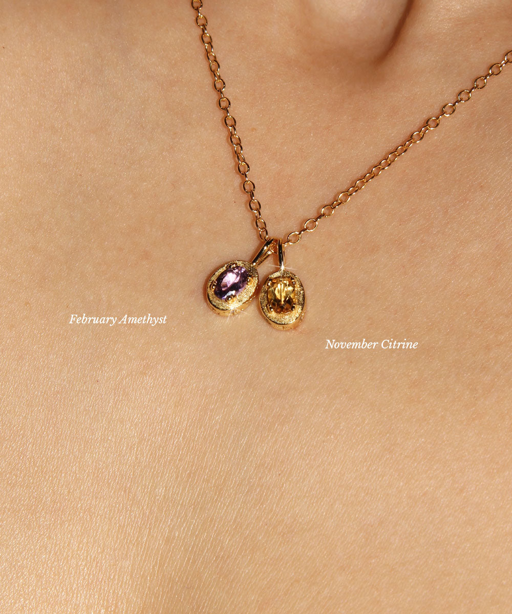 Maison de Femmes gold vermeil February Amethyst Birthstone and November Citrine Birthstone Necklace worn by woman.