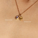 Maison de Femmes gold vermeil February Amethyst Birthstone and November Citrine Birthstone Necklace worn by woman.
