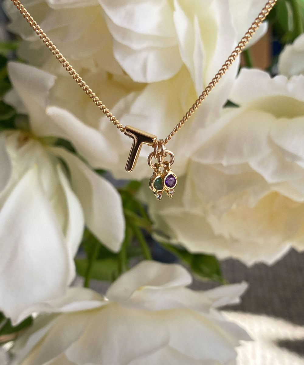 T Initial with May Emerald Birthstone Charm and February Amethyst Birthstone Charm Necklace. Maison de Femmes.