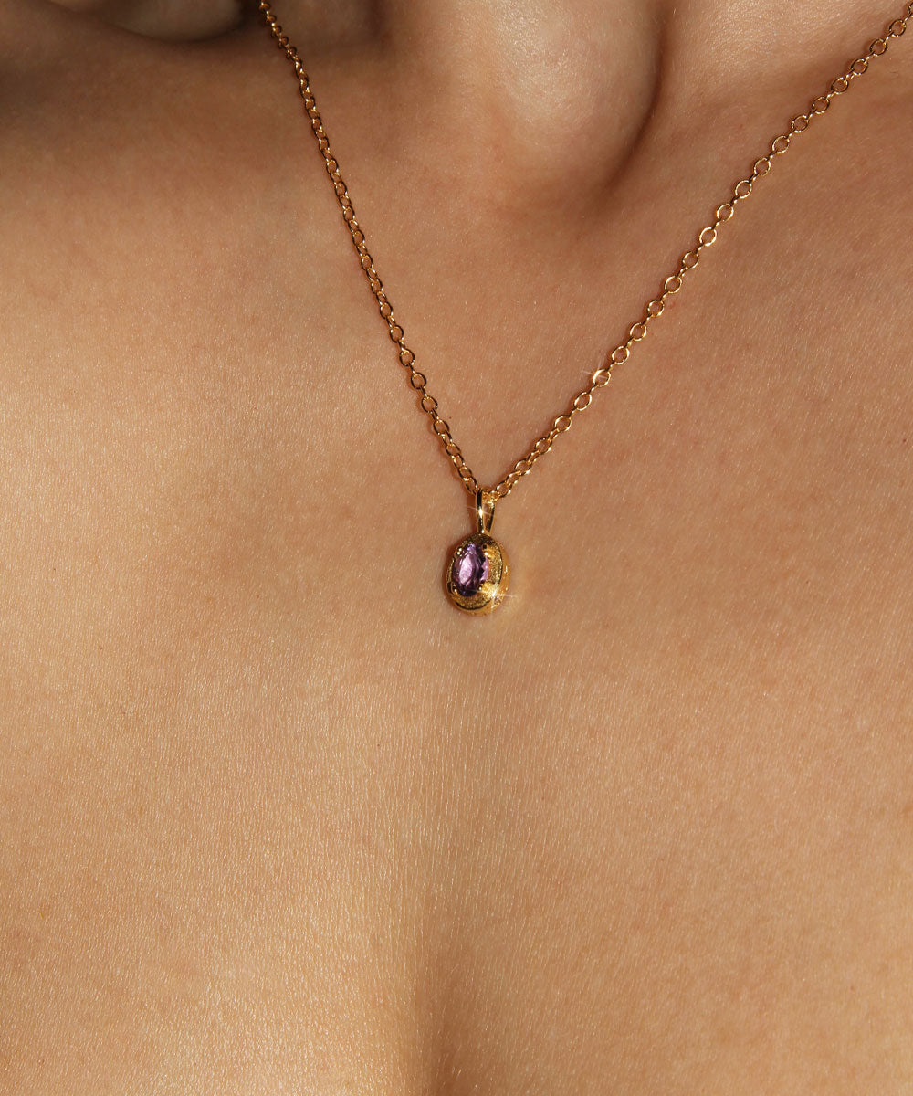 Maison de Femmes gold vermeil February Amethyst Birthstone Necklace worn by woman.