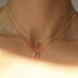 M Initial charm necklace stacked with February Amethyst mini birthstone necklace.