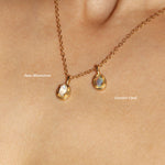 Maison de Femmes gold vermeil June Moonstone Birthstone and October Opal Birthstone Necklace worn by woman.