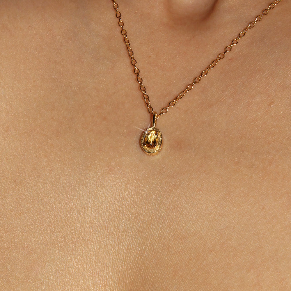 Maison de Femmes gold vermeil November Citrine Birthstone Necklace worn by woman.