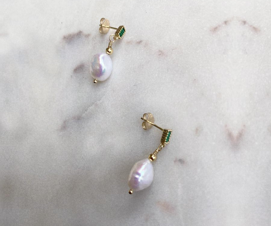 Emerald-green, gold filled stud earrings with a freshwater pearl.