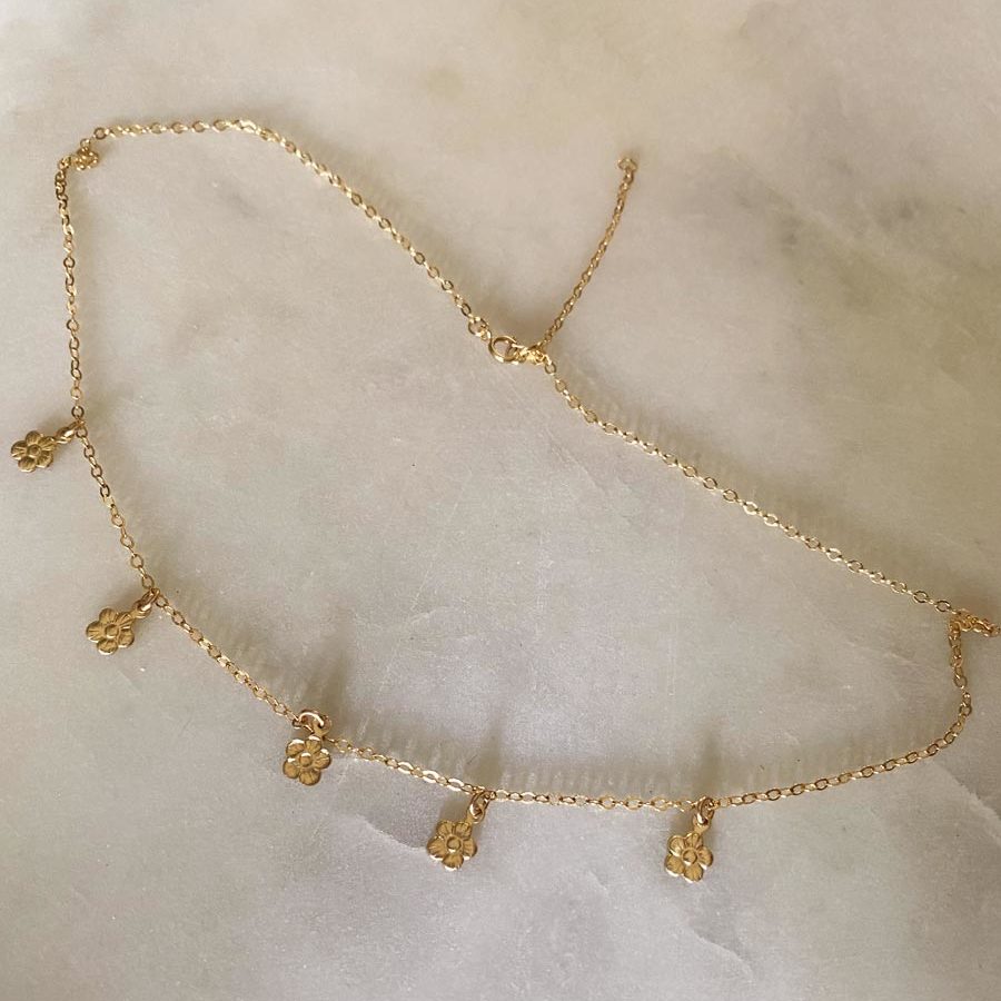 Gold filled daisy chain charm choker necklace.