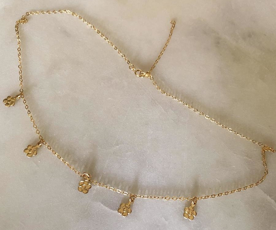 Gold filled daisy chain charm choker necklace.