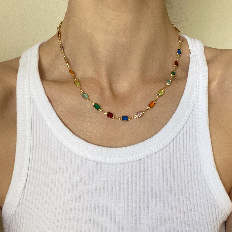 Multicoloured gemstone gold filled necklace