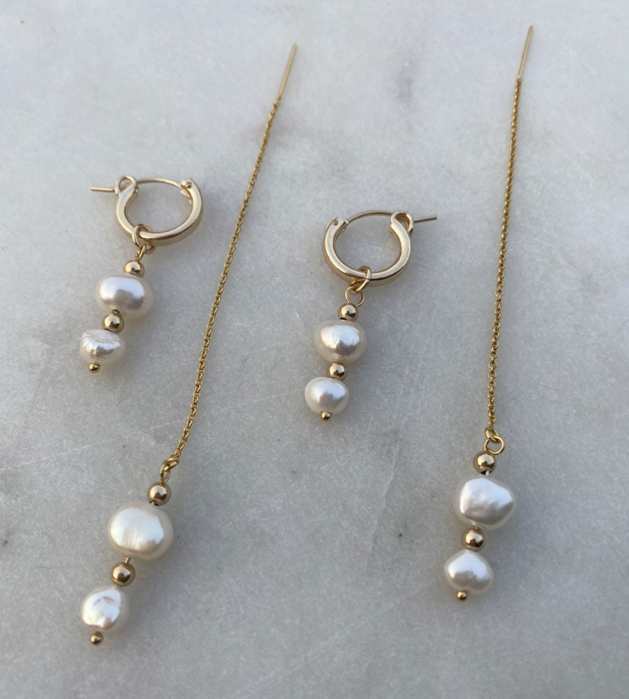 Gold Filled threader and hoop earrings with two freshwater pearls.