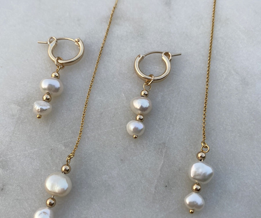 Gold Filled threader and hoop earrings with two freshwater pearls.
