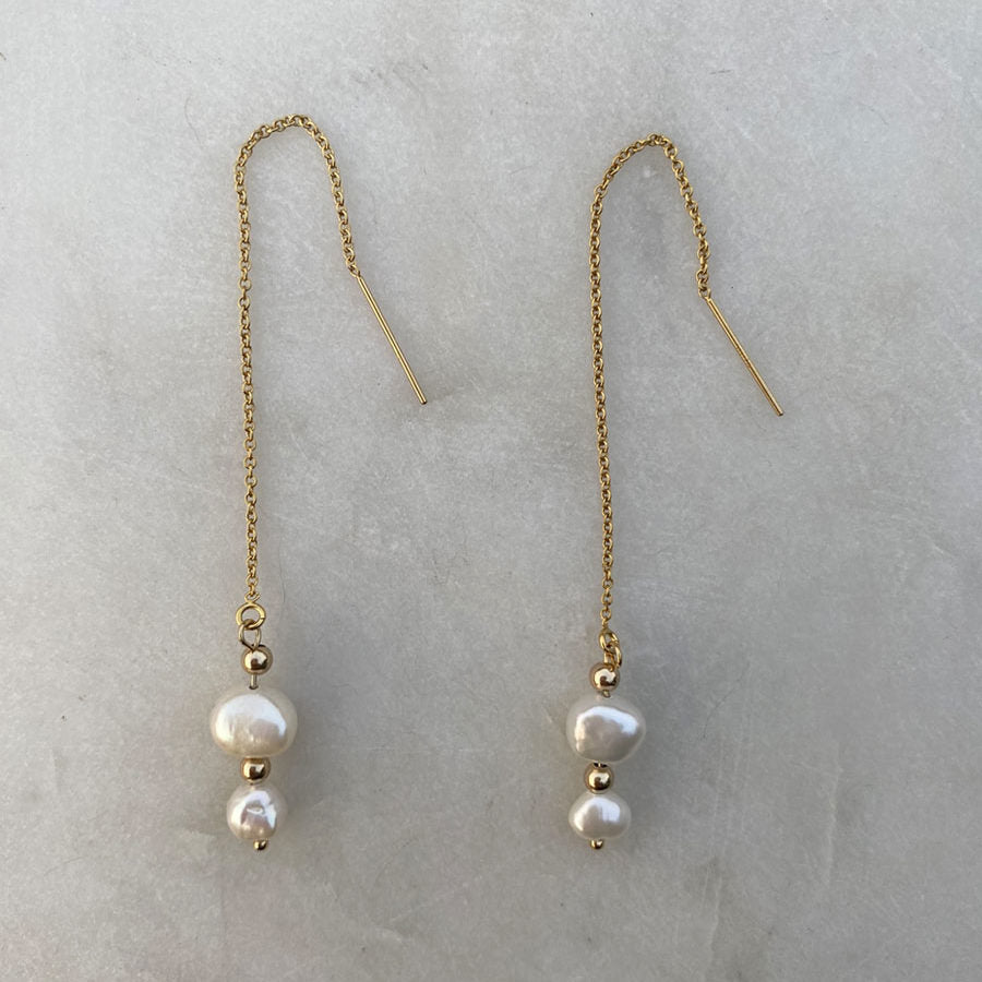 Gold Filled threader earrings with two freshwater pearls.