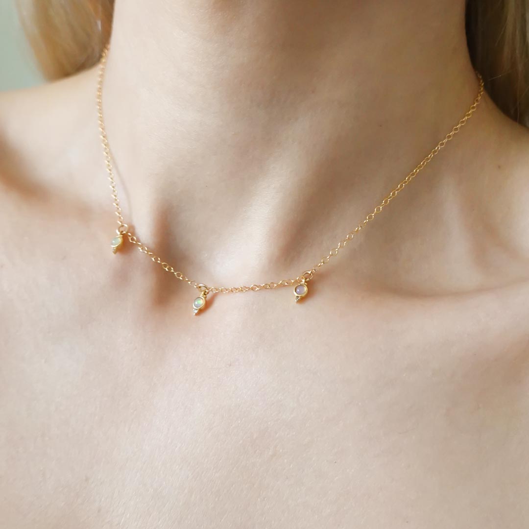 Gold filled triple opal choker necklace worn.