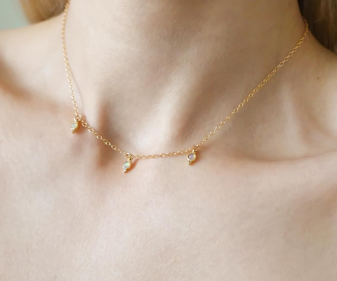 Gold filled triple opal choker necklace worn.